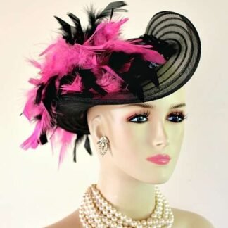 Black Satin Hot Pink Women's Designer Formal Fashion Hat, Victorian Edwardian Riding Hats