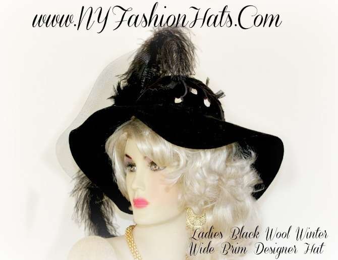 Ladies Black White Floppy Winter Wool Designer Hat NY Fashion Hats