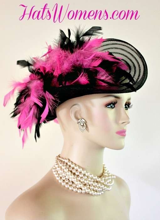 Black Satin Hot Pink Women's Designer Formal Fashion Hat, Victorian Edwardian Riding Hats