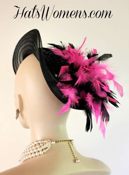 Black Satin Hot Pink Women's Designer Formal Fashion Hat, Victorian Edwardian Riding Hats