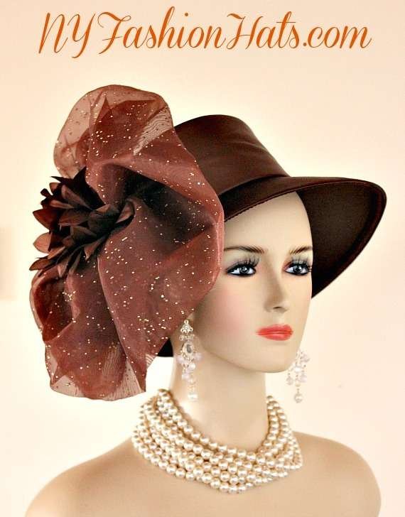 Women's Designer Brown Satin Dress Fashion Hat, Weddings Church Formals Hats IR8