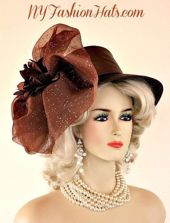 Women's Designer Brown Satin Dress Fashion Hat, Weddings Church Formals Hats IR8