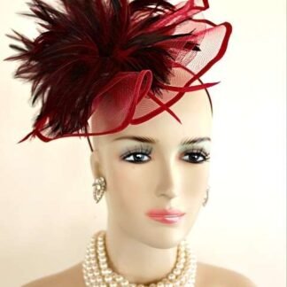 Women's Burgundy Feather Wedding Fascinator Cocktail Hat Satin Hairband, Church Wedding Kentucky Derby Hats