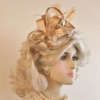 Ladies Champagne Beige Satin Rhinestone Cocktail Hat Formal Wedding Fascinator, Bridal Couture Headpiece Hats Millinery Custom