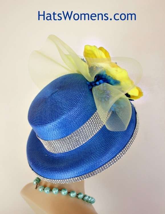 Couture Royal Blue Yellow Statement Wedding Church Fashion Hat, Royal Ascot Hat, Melbourne Cup Hat, Kentucky Derby Hat, 0213