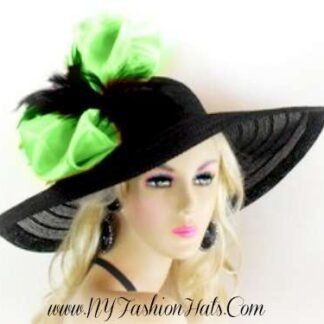 Women's Black Lime Green Formal Wide Brim Derby Church Wedding Hat, Dress Hats 7745