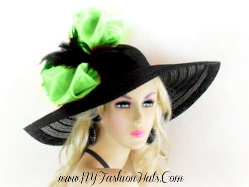 Women's Black Lime Green Formal Wide Brim Derby Church Wedding Hat, Dress Hats 7745