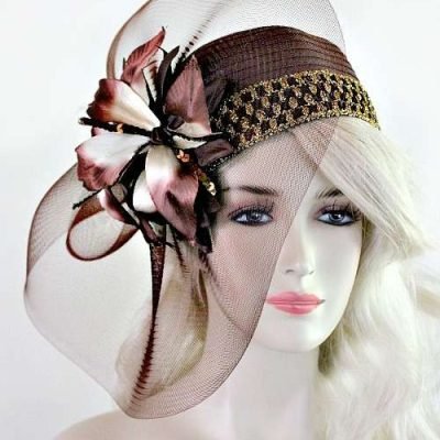 Ladies Brown Satin Cloche Flapper Pillbox Cocktail Hat, Women's Designer Hats