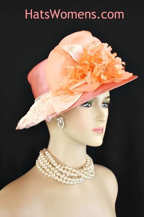 Ladies Peach Abstract Wide Brim Satin Designer Church Wedding Hat Flowers, Custom Kentucky Derby Hats Millinery