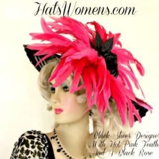 Avant Garde Black Hot Pink Designer Hat, Luxury Hats For Women, Haute Couture Hat, Hot Pink Feathered Black Designer Fashion Kentucky Derby Hat Women's Dress Hats