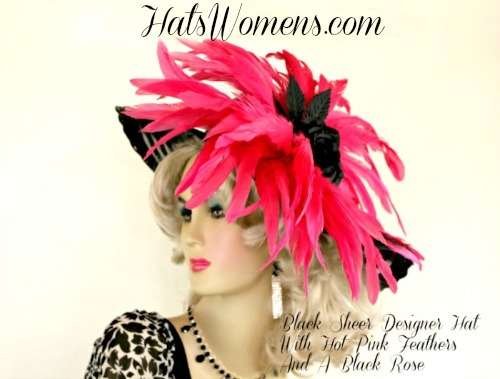 Avant Garde Black Hot Pink Designer Hat, Luxury Hats For Women, Haute Couture Hat, Hot Pink Feathered Black Designer Fashion Kentucky Derby Hat Women's Dress Hats