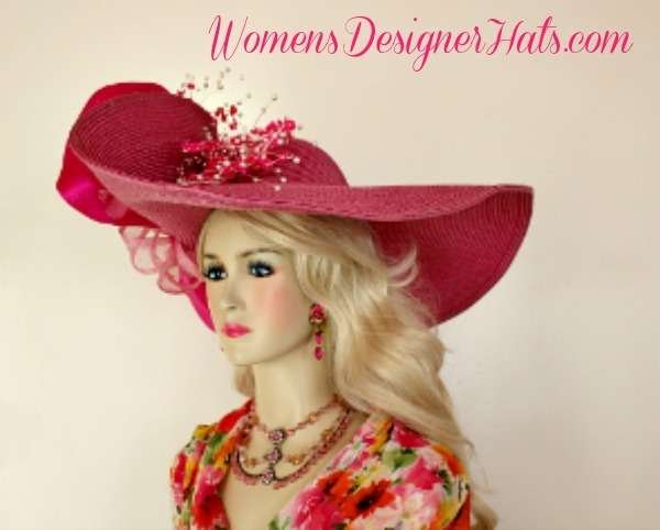 Hot Pink White Wide Lift-Up Brim Kentucky Derby Hat Bridal Weddings Hats