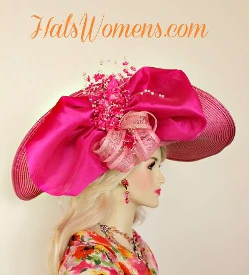 Hot Pink White Wide Lift-Up Brim Kentucky Derby Hat Bridal Weddings Hats