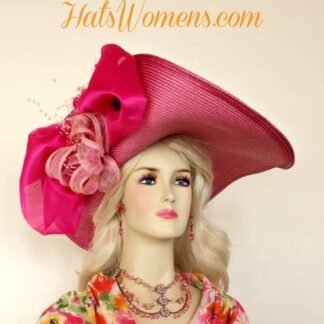 Hot Pink White Wide Lift-Up Brim Kentucky Derby Hat Bridal Weddings Hats