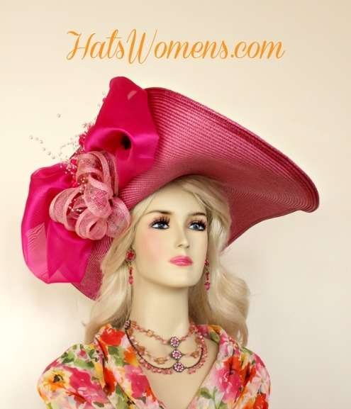 Hot Pink White Wide Lift-Up Brim Kentucky Derby Hat Bridal Weddings Hats