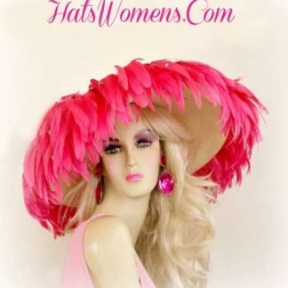 Avant Garde Hats With Feathers, Kentucky Derby Hats, Haute Couture Wedding Bridal Hats, Big Large Wide Brim Hat, Ivory Wide Brim Designer Kentucky Derby Hat With Hot Pink Feathers, Women's Hats
