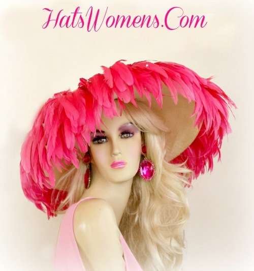 Avant Garde Hats With Feathers, Kentucky Derby Hats, Haute Couture Wedding Bridal Hats, Big Large Wide Brim Hat, Ivory Wide Brim Designer Kentucky Derby Hat With Hot Pink Feathers, Women's Hats