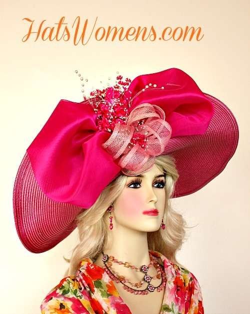 Hot Pink White Wide Lift-Up Brim Kentucky Derby Hat Bridal Weddings Hats