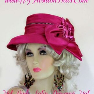 Women's Hot Pink Sequin Designer Satin Dress Hat, Weddings Church Formals Hats 8444