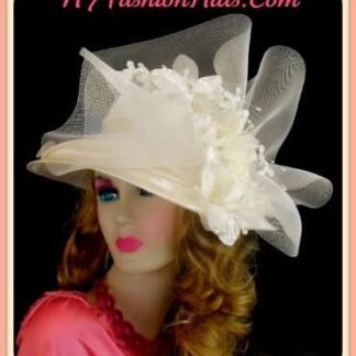 Women's Ivory Satin Formal Church Wedding Bridal Hat Flowers, Hats For Horse Races Kentucky Derby