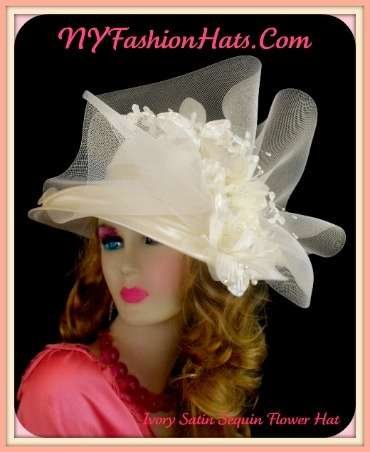 Women's Ivory Satin Formal Church Wedding Bridal Hat Flowers, Hats For Horse Races Kentucky Derby
