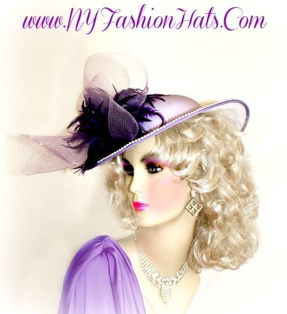 Ladies Lavender Purple Satin Brim Designer Hat Fashion Bridal Hats KLT