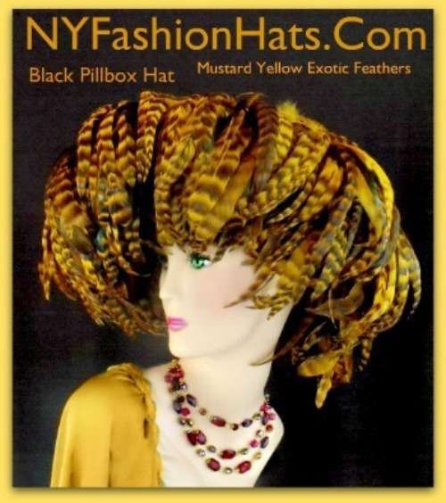 Kentucky Derby Hats, Avant Garde Luxury Hats, Pillbox Hats, Black Mustard Yellow Designer Hat With Feathers Ladies Fashion Hats 7D