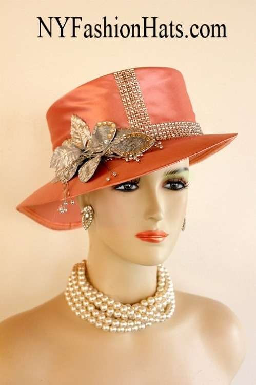 Ladies Peach Metallic Silver Abstract Wide Brim Satin Designer Church Wedding Dress Hat Flowers, Custom Millinery S882