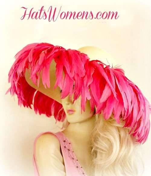 Ivory Wide Brim Designer Kentucky Derby Hat With Hot Pink Feathers, Women's Hats