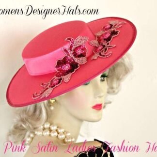 Women's Hot Pink Sequin Designer Satin Wide Brim Dress Hat, Weddings Church Formals Hats 8997