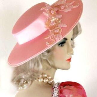 Women's Pastel Pink Satin Sequin Beaded Wedding Bridal Brides Hats, Fashion Hat For Dress Up 33VN