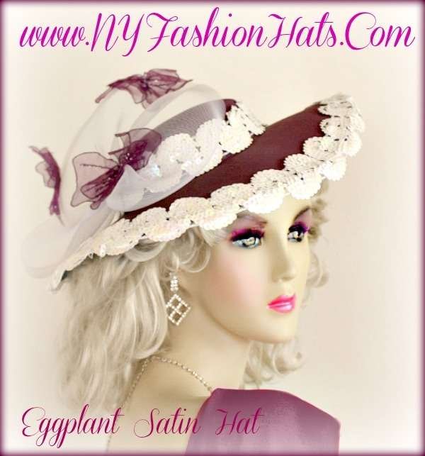 Ladies Eggplant Purple Satin Hat Butterflies Fashion Tea Designer Hats I9Q2
