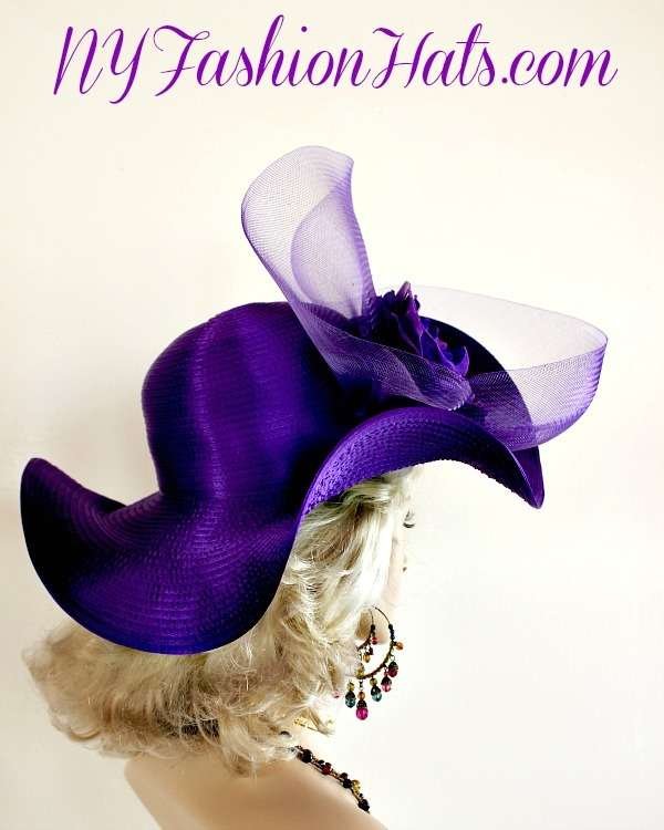 Ladies Purple Wide Brimmed Satin Designer Dress Hat NY Fashion Hats