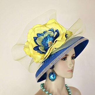Avant Garde Fashion Hats, Haute Couture Designer Hats, Hats For Horse Races, Dress Hats For Women, Couture Royal Blue Yellow Statement Wedding Church Fashion Hat, Royal Ascot Hat, Melbourne Cup Hat, Kentucky Derby Hat, 0213