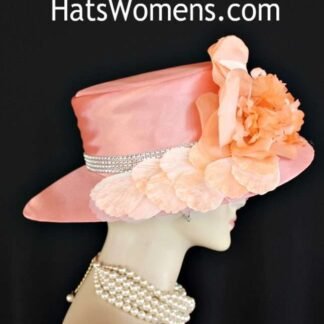 Ladies Peach Abstract Wide Brim Satin Designer Church Wedding Hat Flowers, Custom Kentucky Derby Hats Millinery