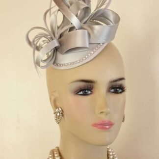 Ladies Silver Grey Satin Rhinestone Cocktail Hat Formal Wedding Fascinator, Bridal Couture Headpiece Hats Millinery Custom