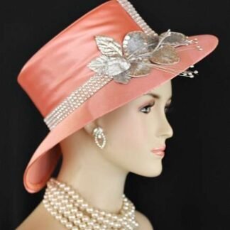 Ladies Peach Metallic Silver Abstract Wide Brim Satin Designer Church Wedding Dress Hat Flowers, Custom Millinery S882