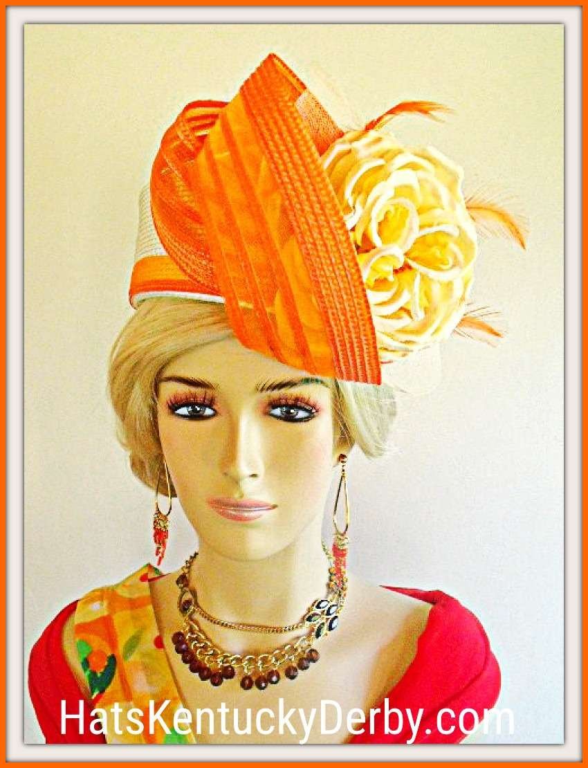 Premium Motf Ivory Soft Beige Orange Pillbox Wedding Church Formal Hat, Couture Hats For Women Q09