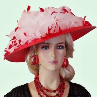 Kentucky Derby Hat For Women, Red Wide Brim Hat With Your Choice Of Feather Choices, Dress Races Wedding Church Hat 9gf