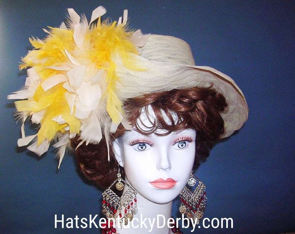 Ladies Custom Beige Ivory Yellow Feather Hats