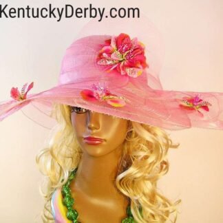 Women's Motf Premium Pink Fuchsia Violet Kentucky Derby Hat With Flowers Along Brim, Wedding Church Fashion Hats 03R