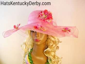 Women's Motf Premium Pink Fuchsia Violet Kentucky Derby Hat With Flowers Along Brim, Wedding Church Fashion Hats 03R
