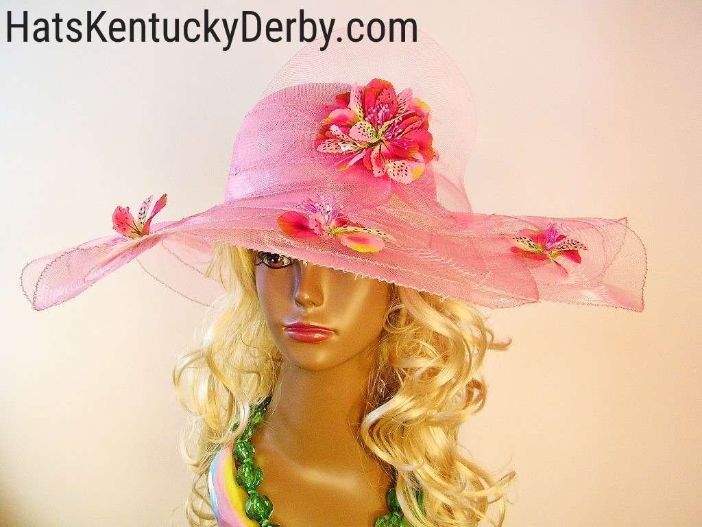 Women's Motf Premium Pink Fuchsia Violet Kentucky Derby Hat With Flowers Along Brim, Wedding Church Fashion Hats 03R