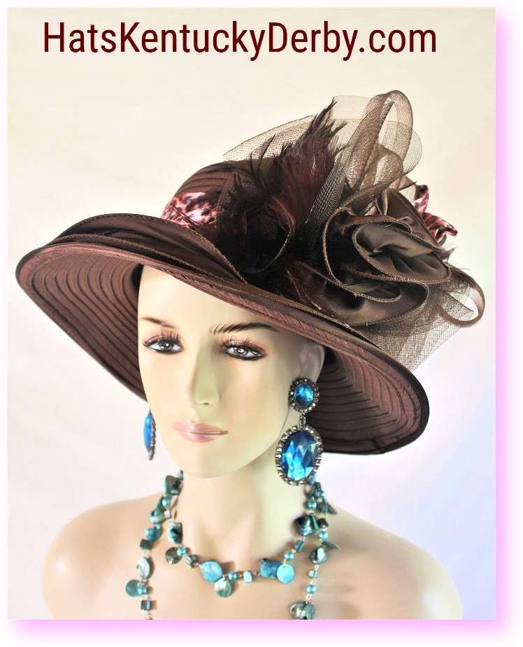 Brown Pink Satin Couture Designer Hat For Women
