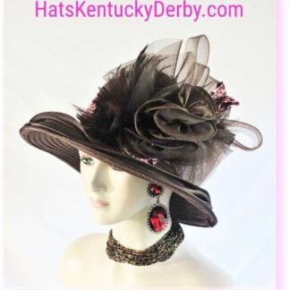 Women's Statement Brown Pink Satin Feathered Couture Designer Hat, Cheetah Animal Print, Kentucky Derby Hats, Church Wedding Wide Brim Headpiece 8446