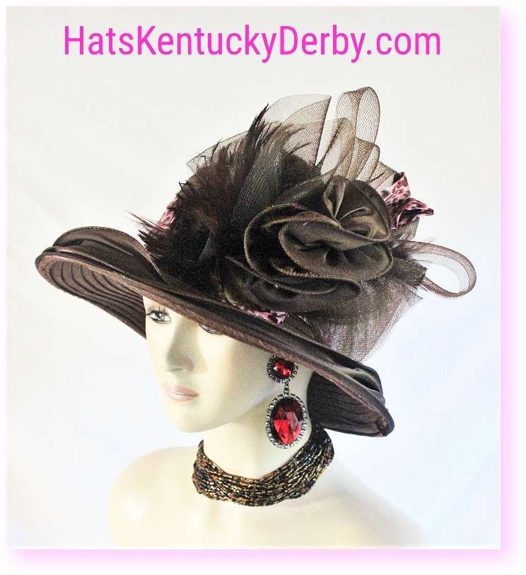 Women's Statement Brown Pink Satin Feathered Couture Designer Hat, Cheetah Animal Print, Kentucky Derby Hats, Church Wedding Wide Brim Headpiece 8446